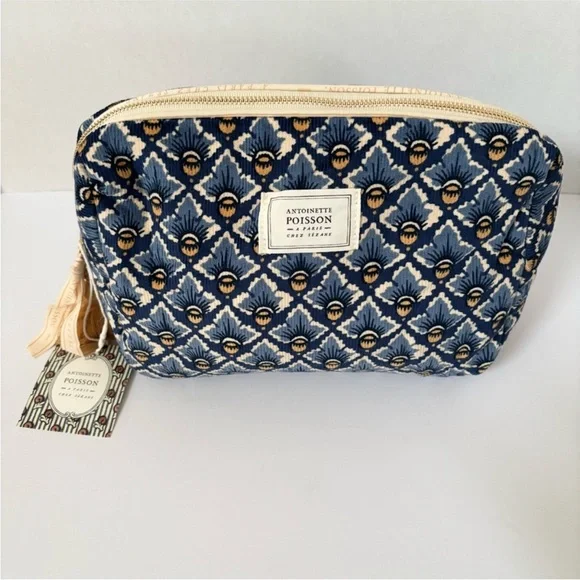 Sezane Antoinette Poisson Toiletry Bag Blue Diamond Cosmetic Travel Case Makeup - Picture 3 of 11